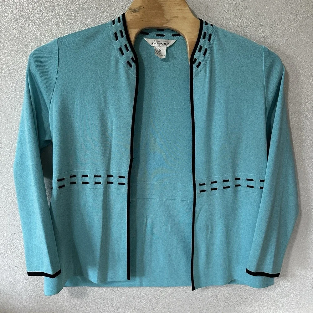 EXCLUSIVELY MISOOK Turquoise Open Front Cardigan Sweater Acrylic Knit Size Large
